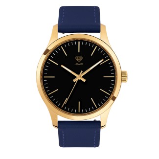 Men's Personalised 40mm Dress Watch - Gold Case, Black Dial, Blue Leather