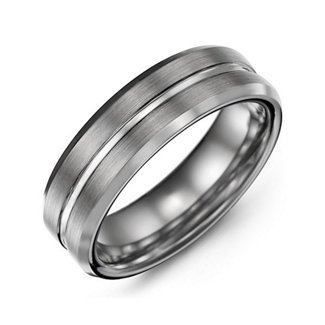 Beveled & Grooved Tungsten Ring with Brushed Finish